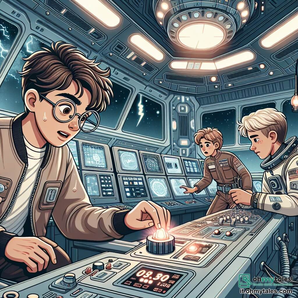 Une illustration sous forme de dessin destinée aux enfants représentant l'intérieur d'une station spatiale futuriste, avec des murs métalliques brillants et des écrans de contrôle clignotants, où un homme aux cheveux bruns en désordre et portant des lunettes, concentré et déterminé, travaille frénétiquement sur un panneau de contrôle, tandis qu'une femme aux cheveux longs et blonds, vêtue d'une combinaison spatiale, l'aide en tenant des outils, et un jeune homme aux traits fins et aux yeux vifs observe anxieusement les écrans, alors qu'une alarme retentit et que des lumières clignotent, signalant une situation d'urgence à résoudre.