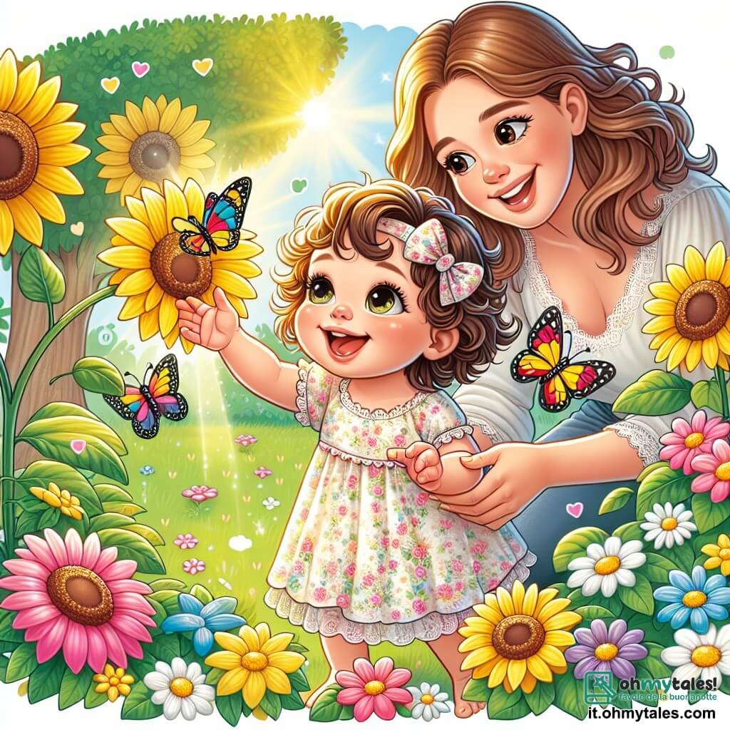 Une illustration sous forme de dessin destinée aux enfants représentant un parc printanier ensoleillé, rempli de fleurs colorées, où une petite fille de 1 an aux cheveux bouclés et aux yeux pétillants, vêtue d'une robe légère à fleurs, s'émerveille en touchant un doux girasole, tandis qu'à côté d'elle, sa maman, une femme souriante avec des cheveux longs et bruns, la regarde avec tendresse, et une farfalle aux ailes multicolores vole joyeusement autour d'eux, capturant l'esprit de la joie et de la découverte de la saison.
