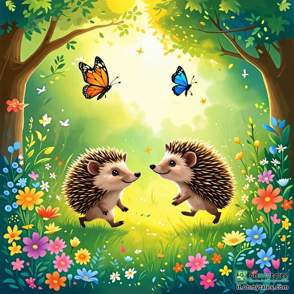 Une illustration sous forme de dessin destinée aux enfants représentant un paisible bosquet verdoyant, où un petit hérisson aux piquants dorés et aux yeux pétillants court joyeusement parmi des fleurs colorées, tandis qu'une farfalle dai colori vivaci danse autour de lui, créant une atmosphère joyeuse et ensoleillée, symbolisant l'amitié et la découverte de la joie dans les petites choses de la vie.