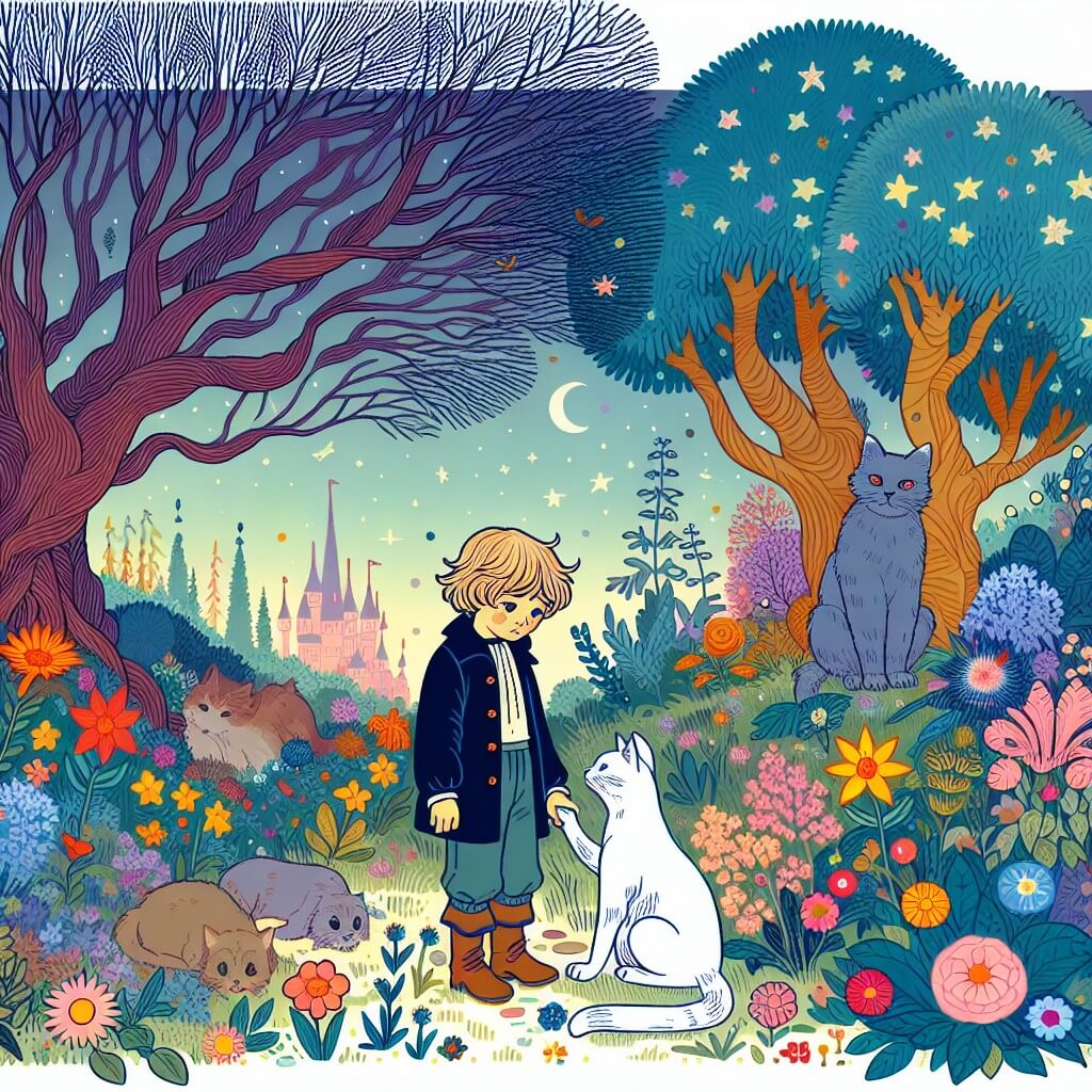 Une illustration destinée aux enfants représentant un jeune garçon solitaire, victime de harcèlement, qui trouve du réconfort auprès d'un mystérieux chat parlant dans un jardin magique parsemé de fleurs colorées et d'arbres majestueux.