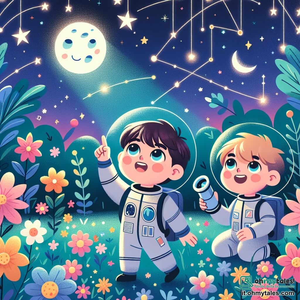 Illustration destinée aux enfants représentant une nuit étoilée dans un jardin tranquille, où des fleurs colorées dansent doucement sous la brise. Au centre, un garçon aux cheveux bruns et aux yeux pétillants, vêtu d'une combinaison d'astronaute argentée, pointe du doigt vers le ciel, émerveillé par les étoiles scintillantes. À ses côtés, un autre garçon aux cheveux blonds, avec un grand sourire, tient un petit télescope, prêt à observer les merveilles de l'univers. Ensemble, ils rêvent de voyager dans l'espace, entourés de constellations brillantes et d'une lune pleine qui éclaire leur aventure nocturne.