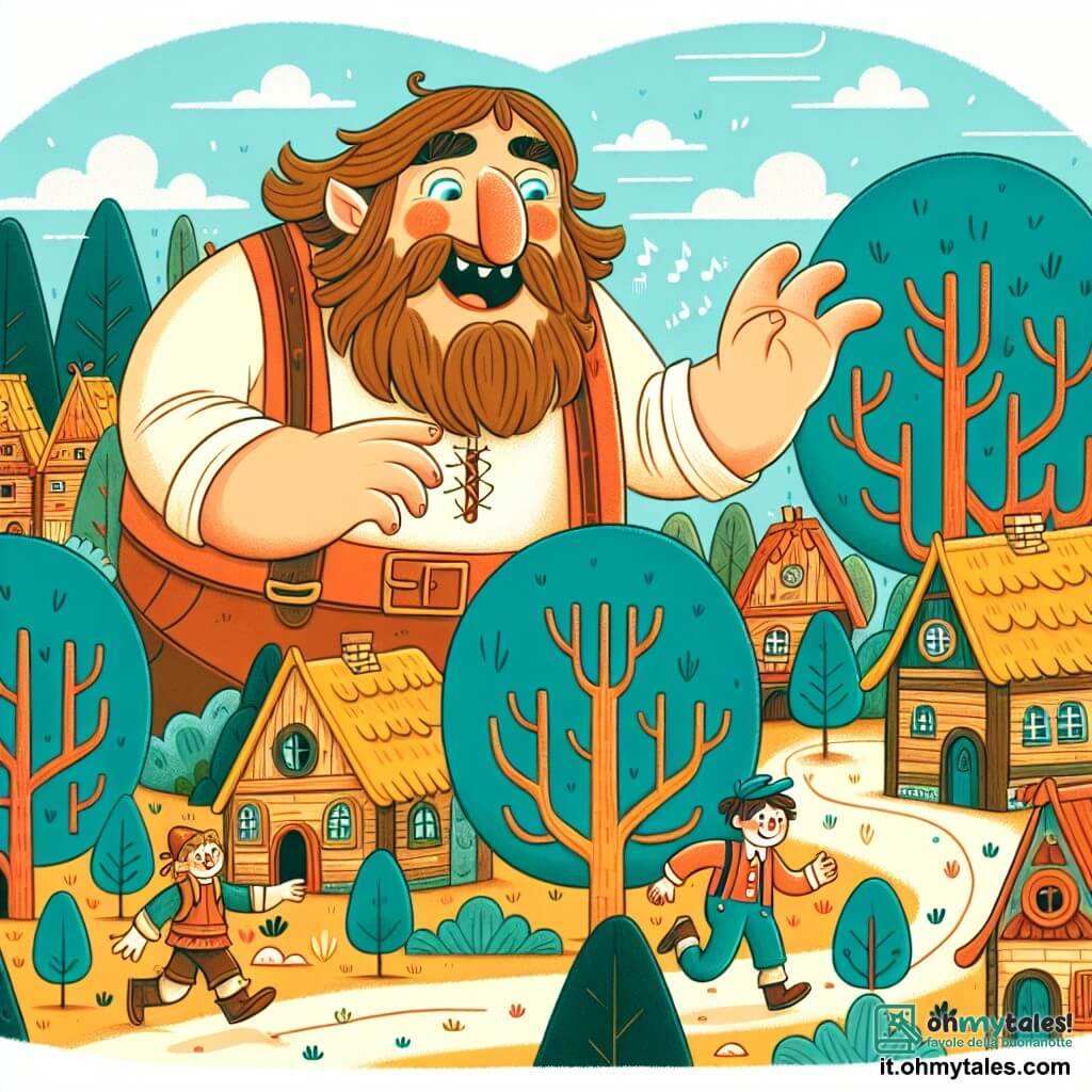 Une illustration destinée aux enfants représentant un géant jovial se promenant dans un village de maisons en forme d'arbres, où il rencontre un petit humain perdu et décide de l'aider à retrouver son chemin vers son pays, traversant ensemble un bois rempli de défis rigolos.