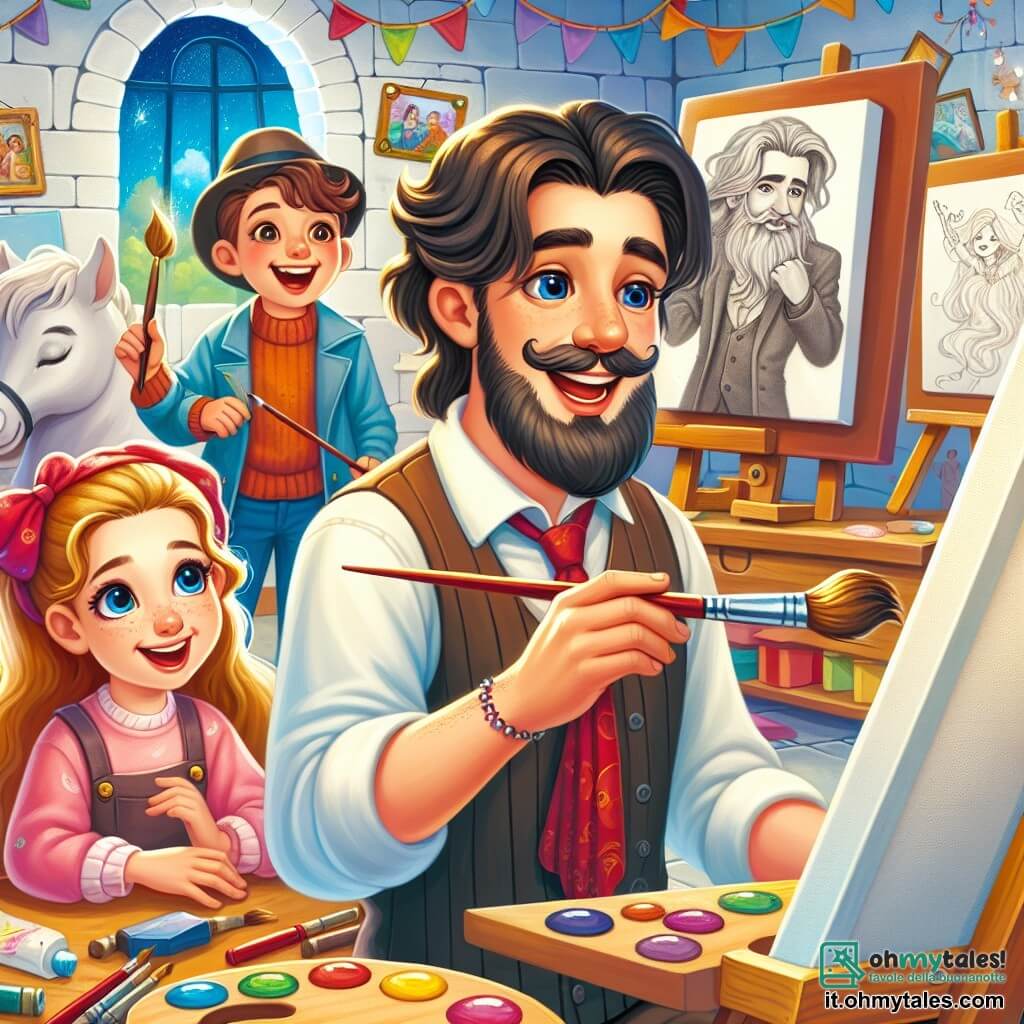 Une illustration destinée aux enfants représentant un artiste homme passionné par la peinture, accompagné d'une fillette curieuse et d'un garçon enthousiaste, dans un laboratoire magique rempli de toiles blanches et de sculptures colorées.