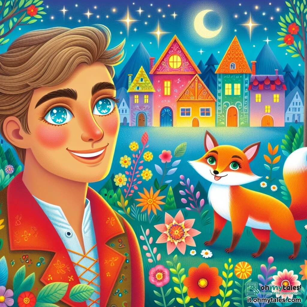 Une illustration destinée aux enfants représentant un homme au regard brillant, entouré d'une volpe joyeuse, dans un village enchanté aux maisons colorées et aux jardins fleuris, à l'orée d'une forêt mystérieuse.