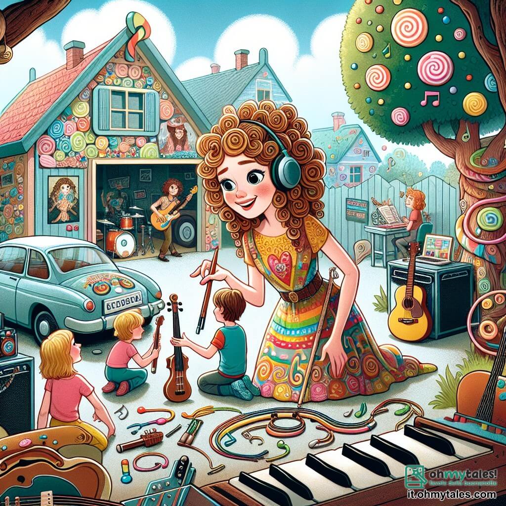 Une illustration destinée aux enfants représentant une jeune femme aux cheveux bouclés, vêtue d'une robe colorée, qui découvre la magie de la musique en jouant avec des enfants dans un studio musical aménagé dans un garage, entouré d'instruments de musique et de posters de groupes célèbres, dans la pittoresque ville de Sognolandia, avec ses maisons en forme de bonbons et ses arbres aux feuilles en forme de notes de musique.