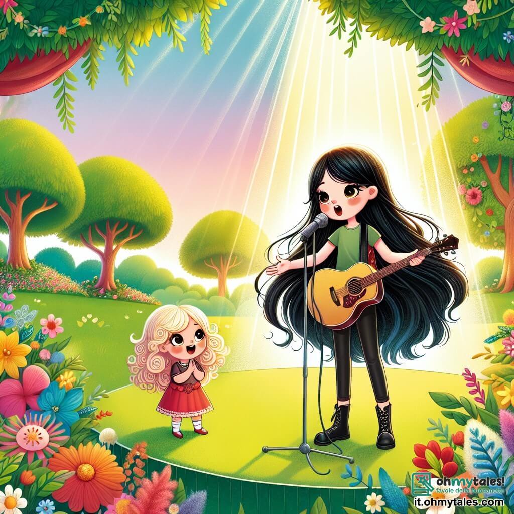Une illustration destinée aux enfants représentant une jeune fille aux longs cheveux noirs, passionnée de musique, se produisant sur scène avec l'aide de sa meilleure amie, une petite fille aux boucles blondes, dans un parc ensoleillé et verdoyant, entouré de fleurs colorées et d'arbres majestueux.