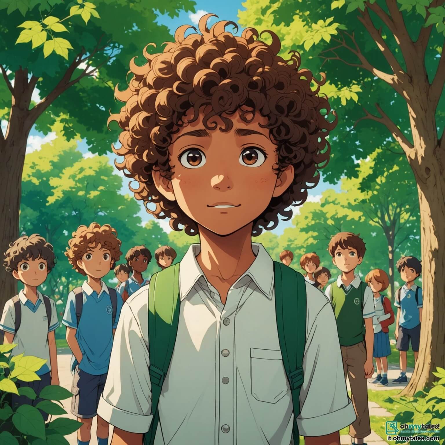 Une illustration destinée aux enfants représentant un garçon aux cheveux bouclés et à la peau caramel, qui se tient avec courage au milieu d'une cour d'école ensoleillée, entourée de grands arbres aux feuilles vertes brillantes, tandis qu'un groupe de camarades, dont un garçon au regard moqueur, le regarde avec mépris, illustrant ainsi la lutte contre le racisme et l'importance de l'amitié.