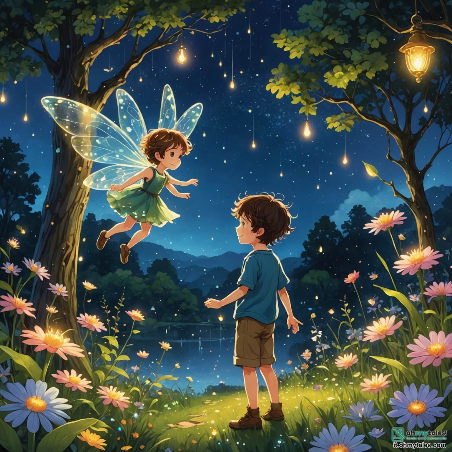 Une illustration destinée aux enfants représentant une délicate fée aux ailes scintillantes comme des gouttes de rosée, flottant au-dessus d'un jardin enchanté où les fleurs dansent sous une douce brise, tandis qu'un petit garçon aux cheveux bouclés et aux yeux pétillants observe avec émerveillement la magie qui l'entoure, dans un lieu où les arbres majestueux se parent de couleurs éclatantes et où des lucioles illuminent la nuit étoilée.