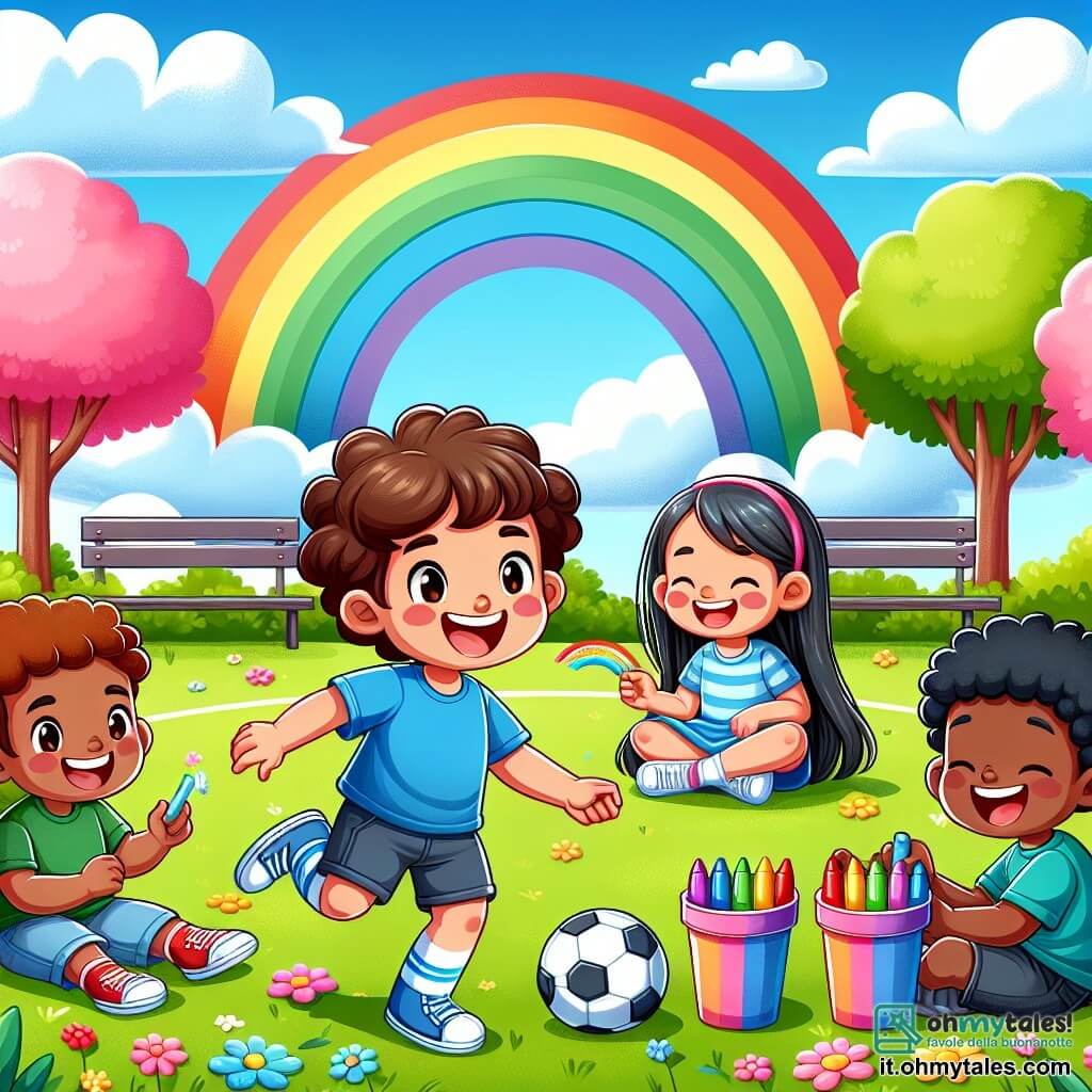 Une illustration sous forme de dessin destinée aux enfants représentant un parc verdoyant en pleine journée ensoleillée, avec un garçon de 7 ans aux cheveux bruns et bouclés, vêtu d'une t-shirt bleu et de shorts, qui rit en jouant au football avec ses amis ; à ses côtés, une fille aux longs cheveux blonds, assise sur l'herbe et dessinant un arc-en-ciel avec des gobelets de craie colorée, tandis qu'un autre garçon aux cheveux noirs et crépus, souriant, prépare une partie de football, le tout illustrant la joie et l'amitié partagée lors d'une belle journée de printemps.