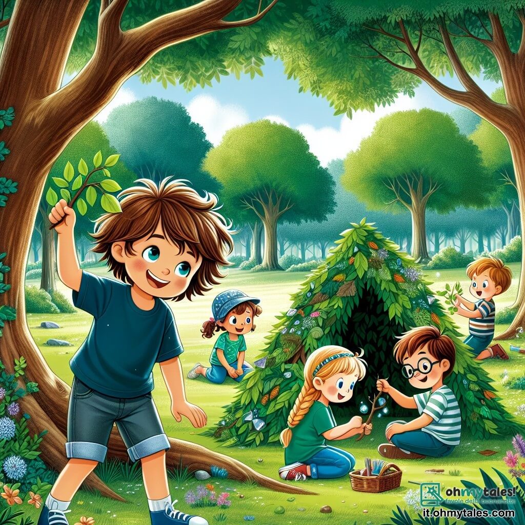 Une illustration sous forme de dessin destinée aux enfants représentant un parc verdoyant parsemé d'arbres majestueux et de fleurs colorées, où un garçon de 9 ans aux cheveux bruns et bouclés, vêtu d'un t-shirt bleu et de shorts, rit joyeusement en construisant un fort en feuilles avec ses amis, une fille aux cheveux blonds et tressés qui tient une branche pour soutenir la structure, et un garçon aux lunettes et cheveux châtains qui cherche des pierres brillantes pour décorer leur création, illustrant ainsi la magie de l'amitié et du jeu en plein air, loin des écrans.