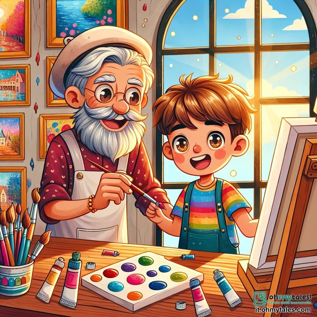 Une illustration sous forme de dessin destinée aux enfants représentant une chaleureuse gallerie d'art aux murs ornés de tableaux colorés, où un homme aux cheveux grisonnants, portant un tablier de peintre et un béret, montre avec enthousiasme à un garçon aux cheveux bruns et aux yeux pétillants, vêtu d'un t-shirt coloré, comment mélanger des couleurs sur une toile blanche, tandis qu'une lumière dorée du soleil filtre à travers une fenêtre, illuminant les pinceaux et les tubes de peinture éparpillés sur une table en bois.
