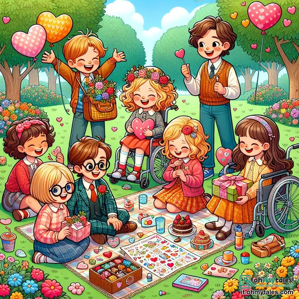 Illustrazione che rappresenta un parco soleggiato, pieno di fiori colorati e alberi con foglie verdi brillanti. Al centro, un gruppo di cinque bambini si trova attorno a una tovaglia da picnic, decorata con cuori di carta e dolcetti. C'è una ragazza di dodici anni con capelli ricci castani, sorridente e piena di energia, che tiene un grande cartone pieno di biglietti di San Valentino. Accanto a lei, un'altra ragazza, anch'essa di dodici anni, con capelli corti e biondi, ride gioiosamente tenendo una scatola di cioccolatini. Una terza ragazza, di dodici anni, con occhiali e capelli lunghi e lisci, osserva attentamente un piano disegnato su un foglio, riflettendo sulla prossima sorpresa da preparare. Un ragazzo di dodici anni, con capelli arruffati e un sorriso timido, guarda gli altri con entusiasmo, tenendo una borsa piena di piccoli regali. Infine, una ragazza di dodici anni, seduta su una sedia a rotelle, sorride con occhi scintillanti, circondata da palloncini colorati, portando un tocco di gioia e inclusività alla scena. Insieme, condividono un momento di complicità, pronti a distribuire le loro creazioni di San Valentino ai residenti del quartiere, simboleggiando amicizia e generosità. Cuori di carta fluttuano intorno a loro, aggiungendo un'atmosfera festosa e calorosa all'illustrazione.