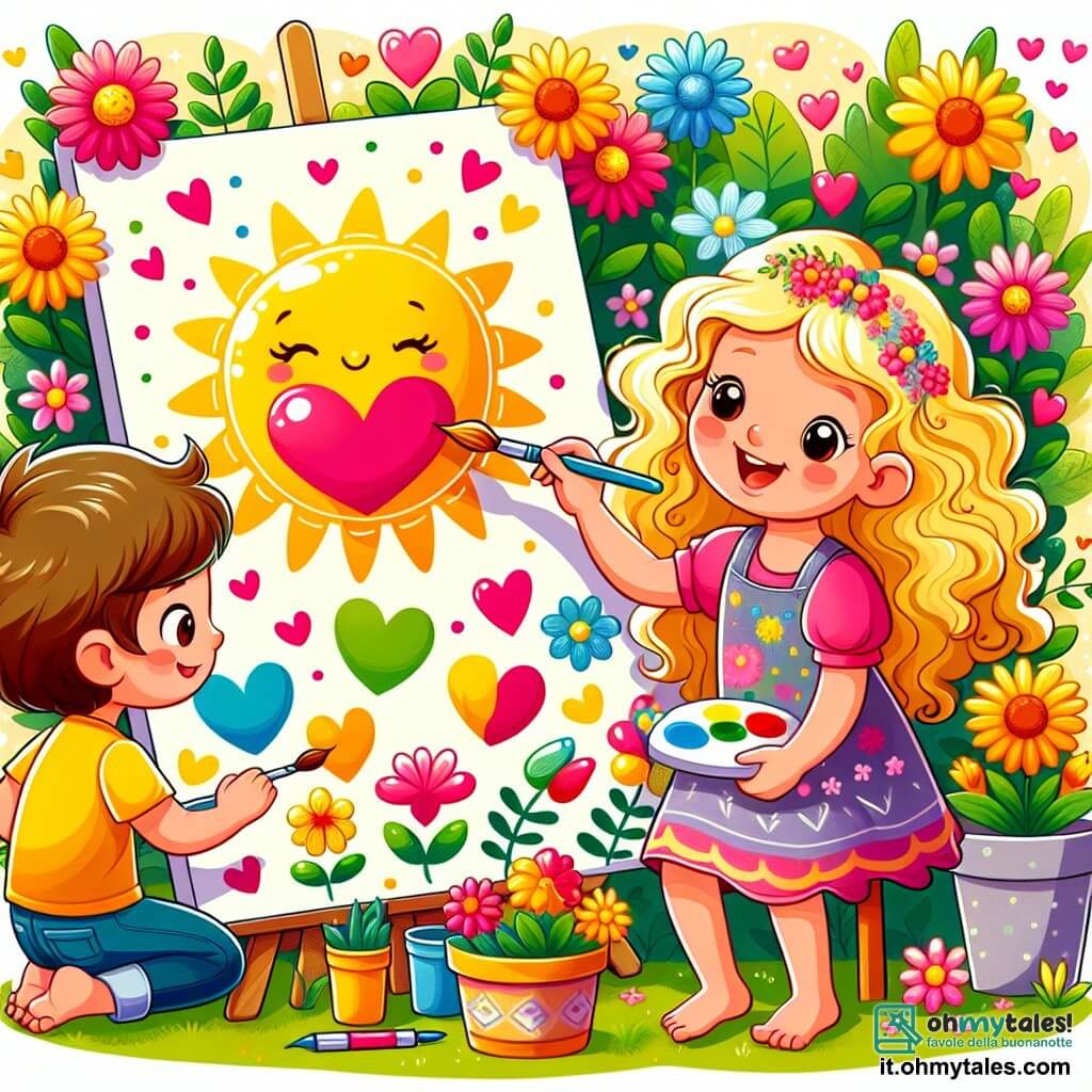 Une illustration sous forme de dessin destinée aux enfants représentant un jardin ensoleillé, avec une petite fille de 7 ans aux cheveux bouclés et blonds, souriante, en train de peindre un grand cartellone coloré avec des cœurs et des fleurs pour la fête des mères, tandis qu'un garçon de son âge, aux cheveux bruns et aux yeux pétillants, l'aide en ajoutant des fleurs fraîches autour du dessin, créant une ambiance joyeuse et pleine d'amour.