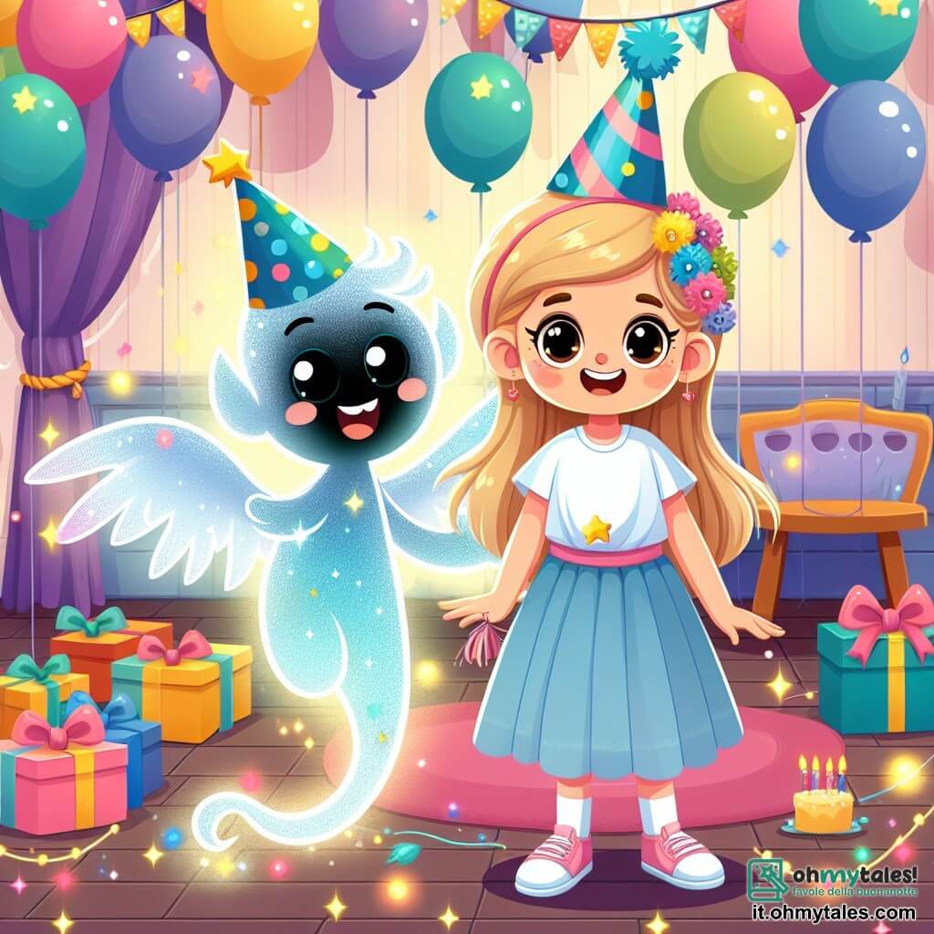 Une illustration destinée aux enfants représentant une fillette joyeuse fêtant son anniversaire avec un mystérieux folletto dans une salle de fête décorée de ballons colorés et de guirlandes scintillantes.