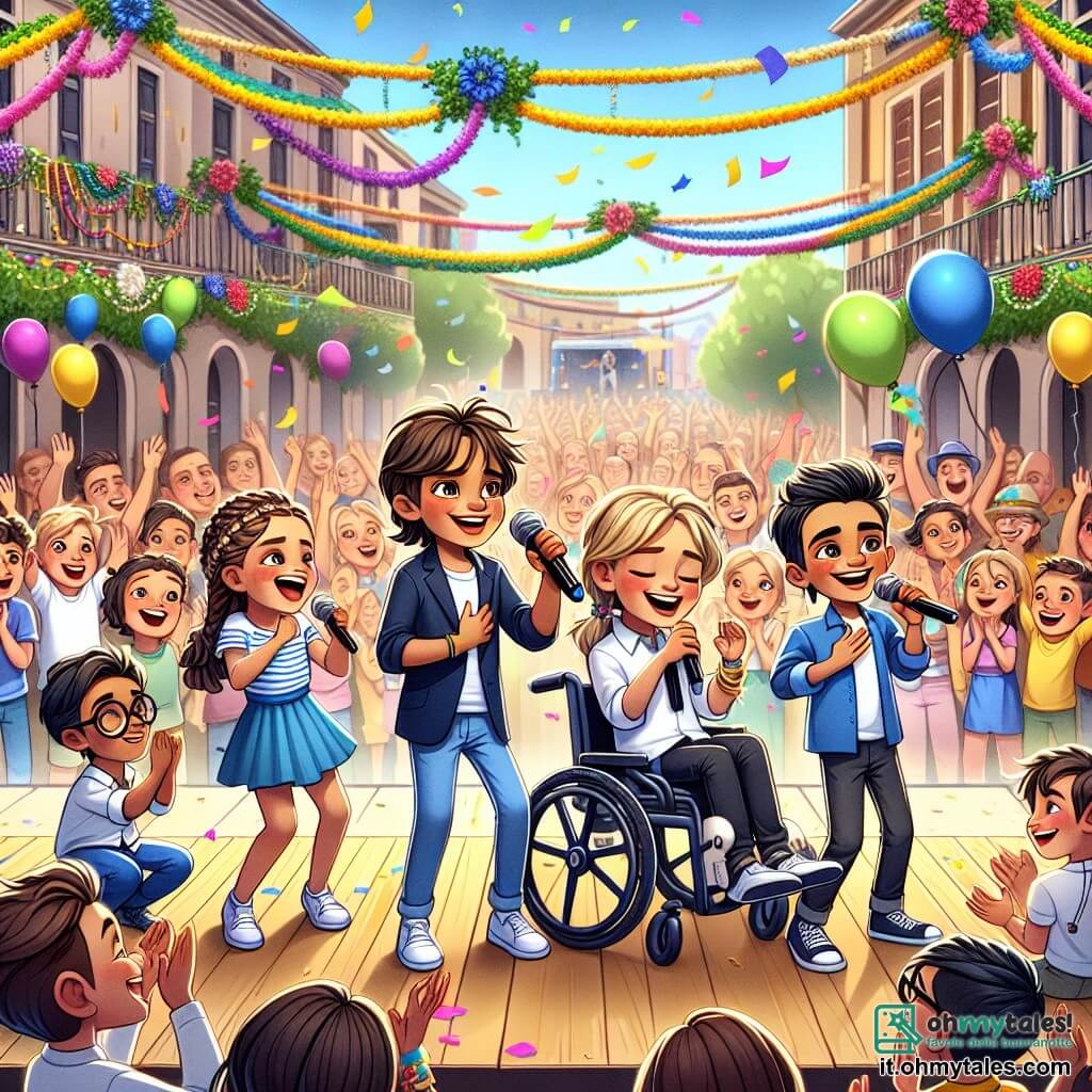 Illustrazione che rappresenta una scena vivace in una piccola piazza animata, decorata con festoni colorati e palloni fluttuanti. Al centro, un grande podio di legno su cui si trova un gruppo di bambini. C'è un ragazzo di circa 10 anni, con i capelli castani arruffati e un sorriso splendente, che tiene un microfono con entusiasmo. Accanto a lui, una ragazza di circa 9 anni, con i capelli biondi intrecciati, che canta con passione, i suoi occhi brillano di gioia. Un altro ragazzo, un po' più grande, con occhiali e capelli neri, applaude con un grande sorriso, mentre una ragazza di circa 8 anni, seduta in una sedia a rotelle elegante, li guarda con ammirazione, i suoi occhi brillano di orgoglio. La scena principale mostra questi bambini che cantano insieme sul palco, circondati da un pubblico entusiasta che applaude, creando un'atmosfera di sostegno e felicità. Sullo sfondo, genitori e amici sorridenti, bambini che ballano e coriandoli che cadono dal cielo aggiungono all'atmosfera festosa. I colori vivaci e le espressioni gioiose trasmettono un messaggio di fiducia in se stessi e amicizia.