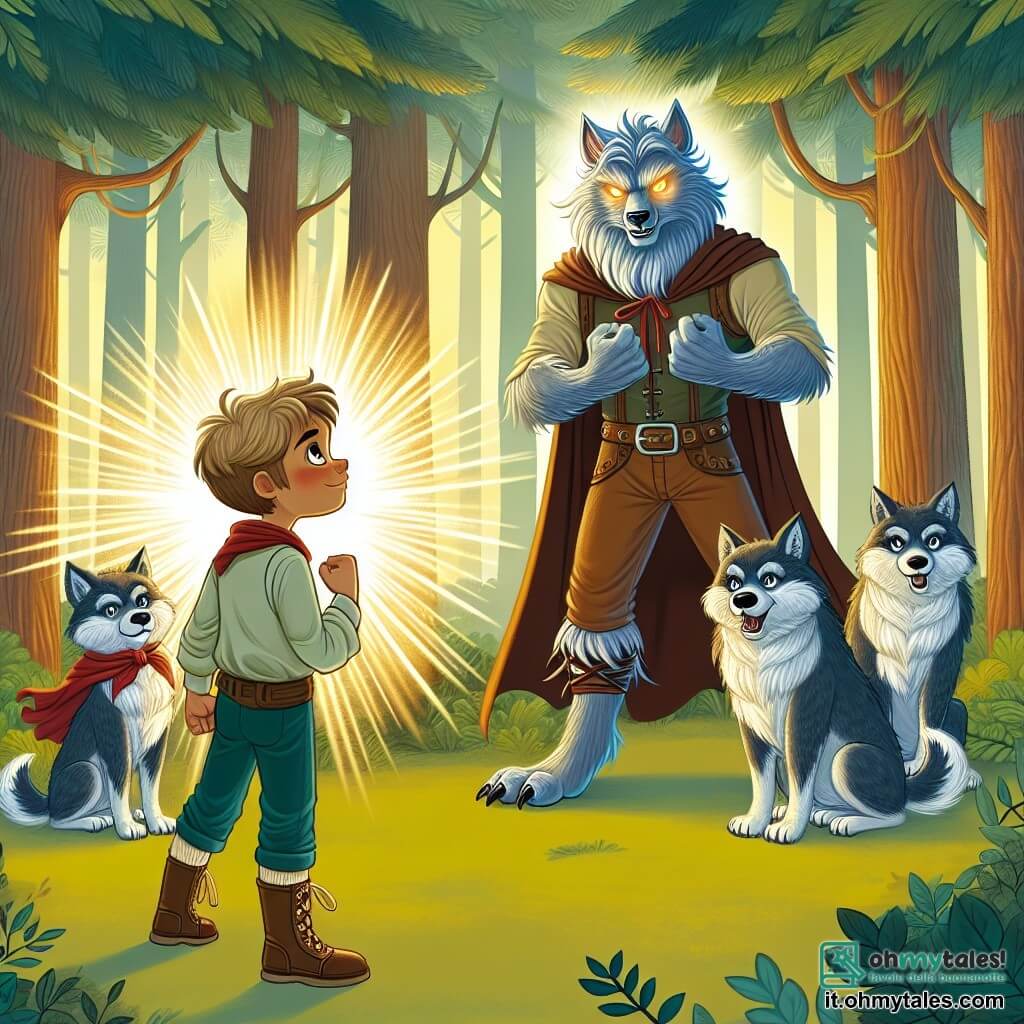 Une illustration destinée aux enfants représentant un loup-garou, mi-loup mi-homme aux yeux brillants, faisant face à une bande de méchants loups, tandis qu'un petit loup garçon au cœur courageux, aux oreilles dressées et à la fourrure douce, l'encourage à se battre dans une forêt enchantée aux arbres majestueux et aux rayons de soleil filtrant à travers les feuilles.