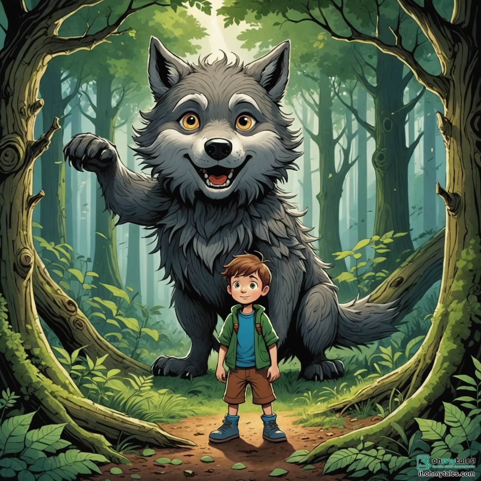 Une illustration destinée aux enfants représentant un petit garçon au visage espiègle et aux yeux pétillants de curiosité, qui se tient courageusement au bord d'une forêt dense et mystérieuse, où les arbres aux troncs noueux s'élèvent comme des géants, leurs feuilles verdoyantes dansant au gré du vent, tandis qu'un grand méchant loup, à la fourrure grise comme un orage et aux yeux perçants comme des éclairs, se cache dans l'ombre des buissons, prêt à effrayer les habitants du village coloré et paisible qui se trouve non loin, où les fleurs éclatantes et les maisons aux toits en tuiles rouges contrastent avec l'atmosphère inquiétante de la forêt, et où un petit coniglio, timide et curieux, observe la scène avec des yeux ronds, ajoutant une touche de douceur à cette rencontre entre bravoure et frayeur.
