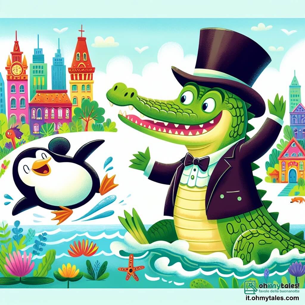 Une illustration destinée aux enfants représentant un crocodile élégant portant un cappello à cylindre, participant à une joyeuse course de natation avec un pingouin espiègle, dans la ville animée et colorée d'Animalopoli.