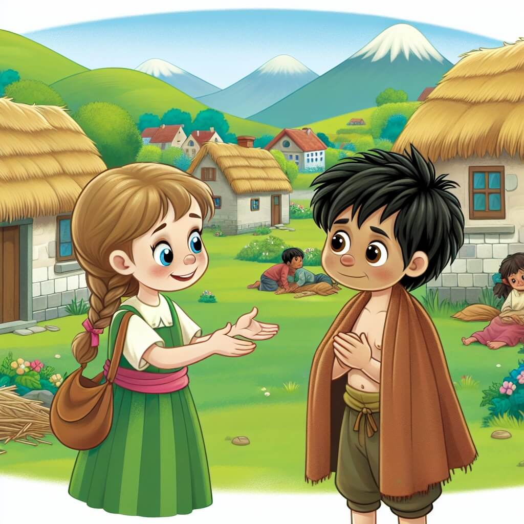 Une illustration destinée aux enfants représentant une petite fille au cœur généreux, confrontée à la pauvreté, accompagnée d'une timide camarade d'orphelinat, dans un charmant village de campagne entouré de collines verdoyantes et de maisons aux toits de chaume.