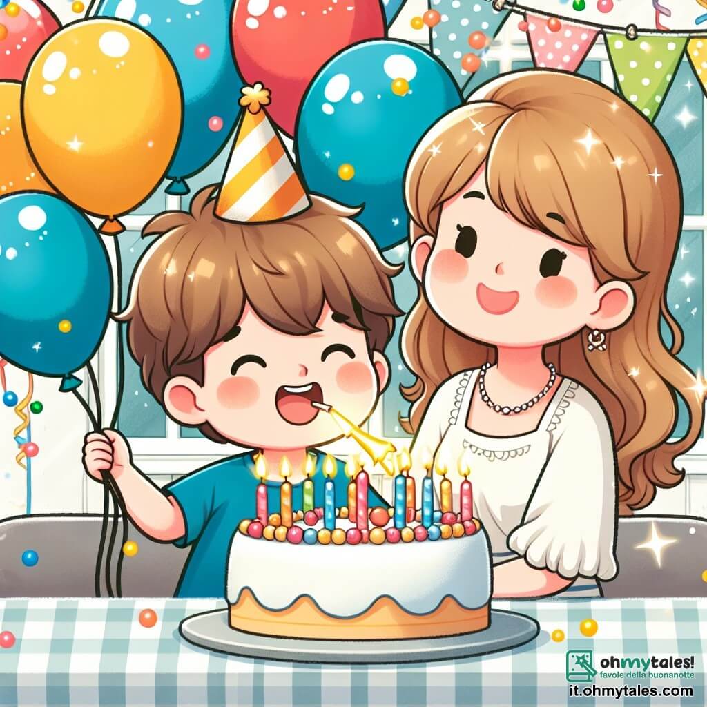 Une illustration destinée aux enfants représentant un garçon joyeux, entouré de ballons colorés, en train de souffler les bougies d'un gâteau d'anniversaire, avec sa maman souriante à ses côtés, dans une chambre décorée de guirlandes et de confettis scintillants.