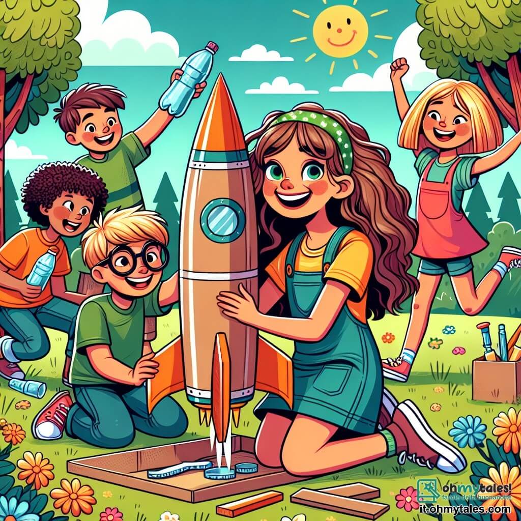 Une illustration sous forme de dessin destinée aux enfants représentant un parc ensoleillé avec des arbres verdoyants et des fleurs colorées, où une fille de 11 ans aux longs cheveux bouclés et au sourire éclatant assemble un grand fusée en carton, entourée de trois amis : un garçon aux cheveux bruns et aux lunettes qui décore le fusée avec des couleurs vives, une fille énergique aux cheveux courts qui danse joyeusement, et un garçon blond qui tient une bouteille en plastique, tous riant et s'amusant ensemble dans une ambiance de camaraderie et de créativité.