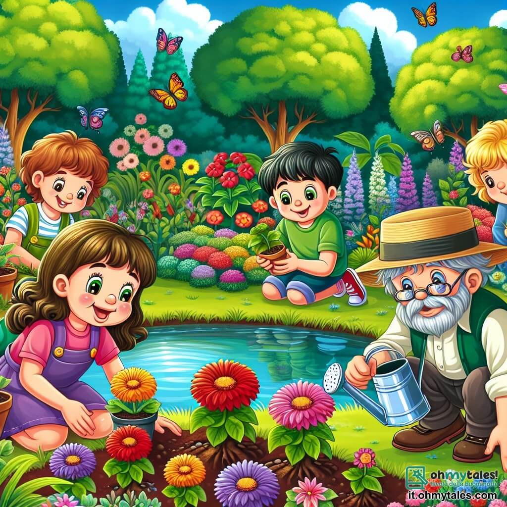 Illustrazione che rappresenta un giardino segreto incantevole, pieno di fiori colorati con petali brillanti di rosso, giallo e viola, con un piccolo stagno scintillante al centro, circondato da alberi verdi. In primo piano, quattro bambini di dieci anni, due ragazze e due ragazzi, stanno piantando dei semi. Una delle ragazze, con capelli castani e occhiali, sorride gioiosamente tenendo un piccolo vaso di terra. L'altra ragazza, con capelli biondi e ricci, si accovaccia per annaffiare una giovane pianta con un annaffiatoio colorato. Il ragazzo con capelli castani, indossando una maglietta verde, osserva attentamente un giardiniere anziano, un uomo con capelli grigi e barba curata, che mostra ai bambini come prendersi cura dei fiori. L'altro ragazzo, con capelli neri e un cappello di paglia, tiene una pala ed è pronto a scavare un piccolo buco per piantare un seme. Farfalle colorate volano intorno a loro, e il cielo è di un blu brillante, punteggiato di nuvole bianche e soffici. L'atmosfera è gioiosa e piena di vita, simboleggiando l'emergere della primavera e la magia della natura.