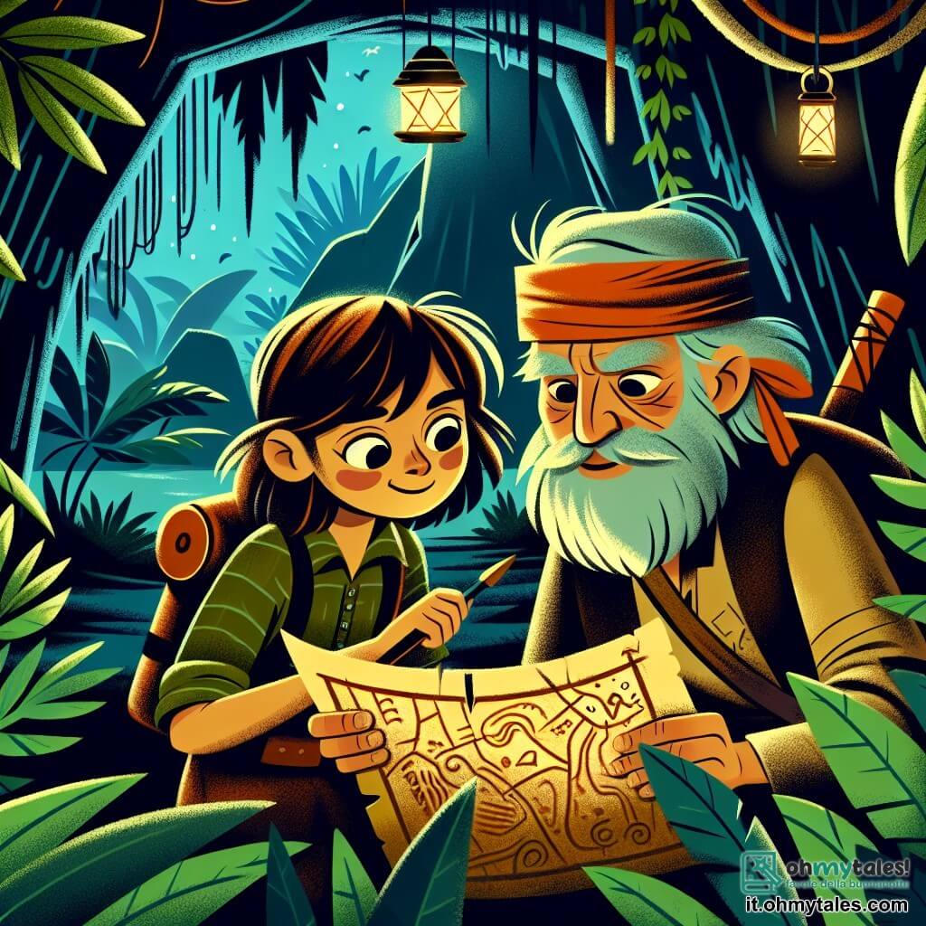 Une illustration destinée aux enfants représentant une jeune exploratrice courageuse découvrant une mystérieuse carte au trésor, accompagnée d'un sage guérisseur, dans une grotte sombre et envoûtante au cœur de la luxuriante jungle amazzonienne.