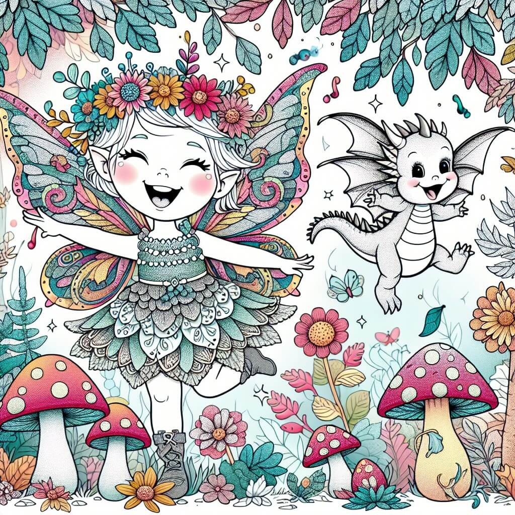 Une illustration destinée aux enfants représentant une fée joyeuse et espiègle, accompagnée d'un adorable dragonnet, dans une forêt enchantée remplie de champignons colorés, d'arbres aux feuilles chatoyantes et de fleurs qui dansent au rythme du rire de la fée.