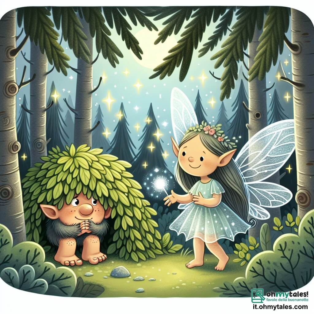 Une illustration destinée aux enfants représentant un petit troll timide se cachant derrière un cespuglio, une fée gentille aux ailes scintillantes lui tendant la main, dans un bosco incanté où les arbres dansent au rythme du vent et les étoiles brillent de mille feux.