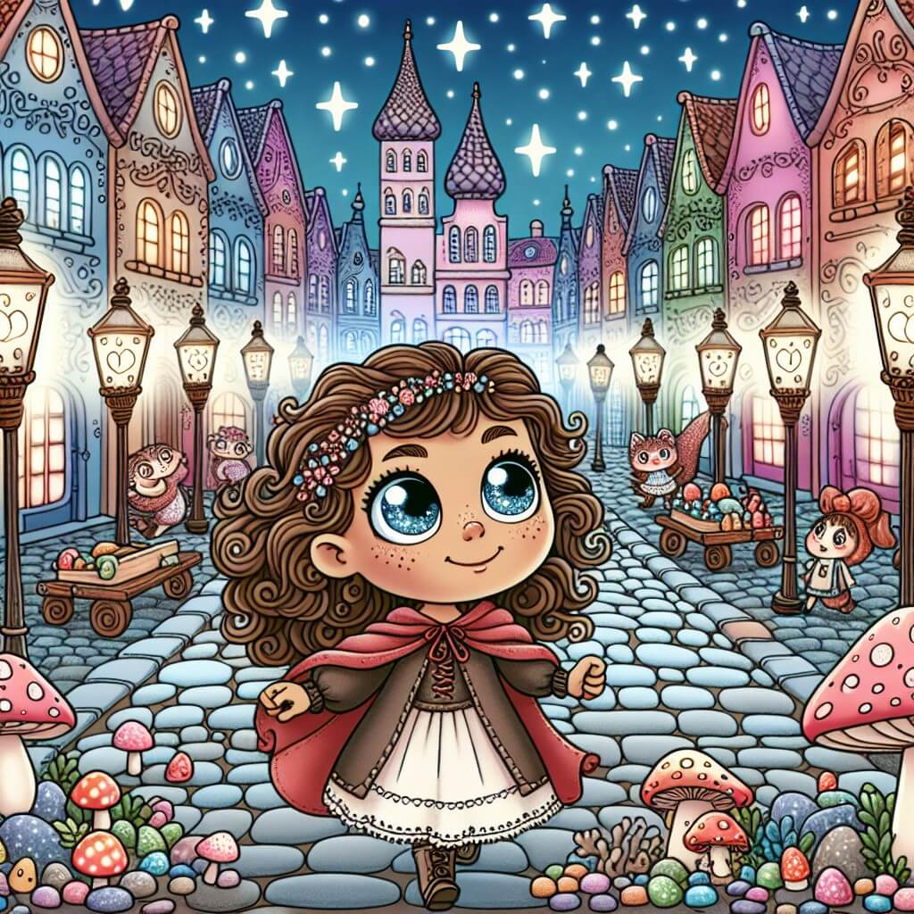 Une illustration destinée aux enfants représentant une jeune fille intrépide, aux cheveux bouclés et aux yeux brillants, découvrant un marché magique rempli de créatures enchantées au cœur d'une ville féerique, avec des rues pavées étincelantes, des maisons colorées aux toits pointus et des lampadaires en forme de champignons.