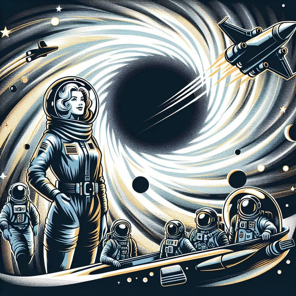 Une illustration destinée aux enfants représentant une femme intrépide, entourée d'une équipe d'astronautes, explorant un buco nero majestueux, avec ses rayons de lumière tourbillonnants, dans un vaisseau spatial futuriste.