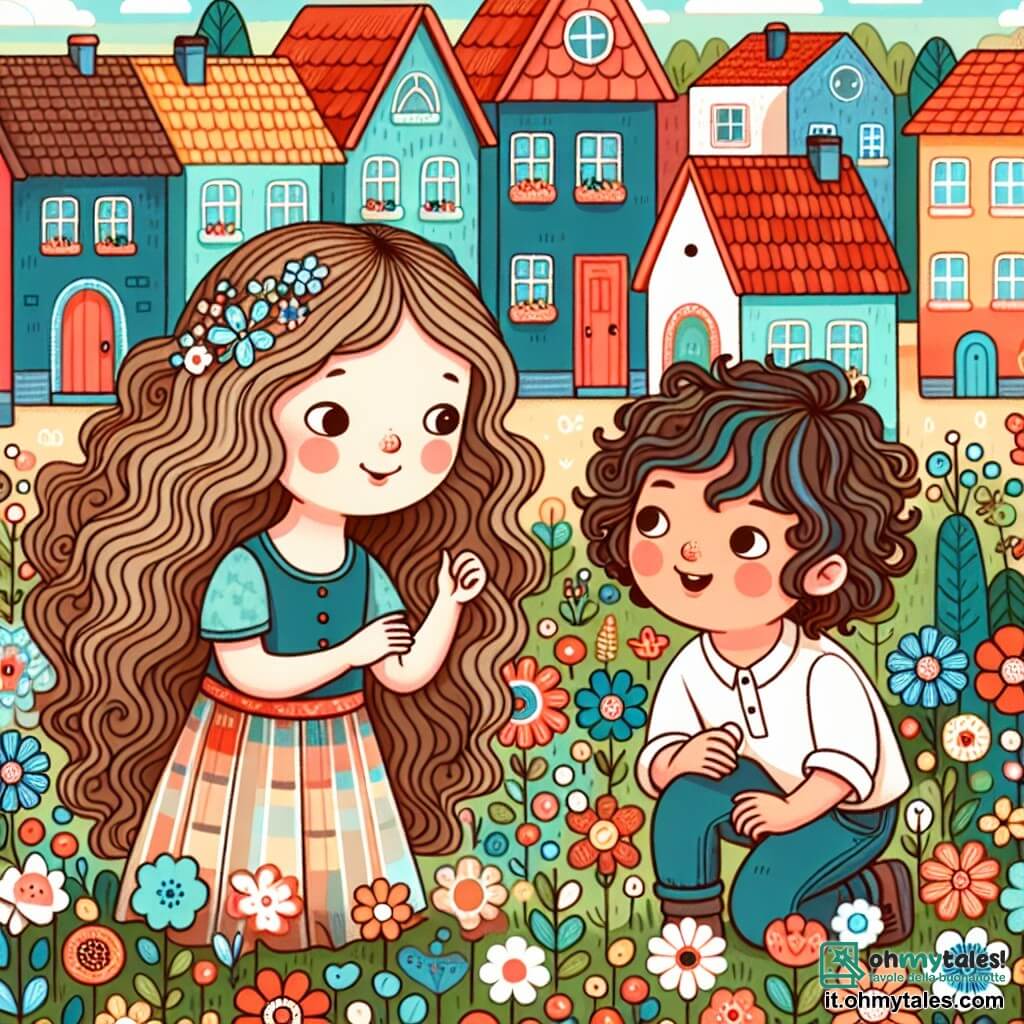 Une illustration destinée aux enfants représentant une petite fille aux longs cheveux bouclés, une situation de jeu partagé avec un garçon timide, dans un quartier coloré avec des maisons à toit rouge et des fleurs multicolores.