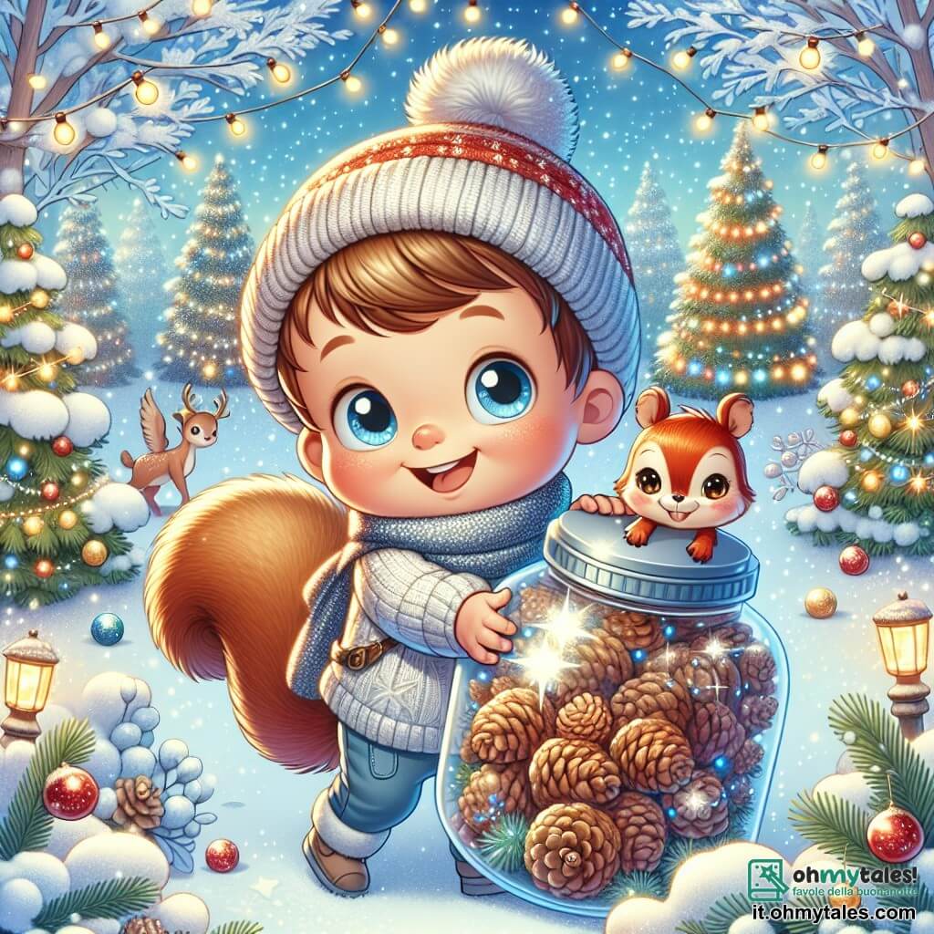 Une illustration sous forme de dessin destinée aux enfants représentant un jardin enneigé, avec des arbres recouverts de neige scintillante et des lumières de Noël brillantes, où un petit garçon de 1 an, avec des joues roses et des cheveux bruns, sourit en tenant un grand vase rempli de pignes, tandis qu'un petit écureuil aux yeux pétillants et à la fourrure rousse l'aide à porter des pignes, capturant la magie de Noël et l'esprit d'amitié dans une atmosphère joyeuse et festive.