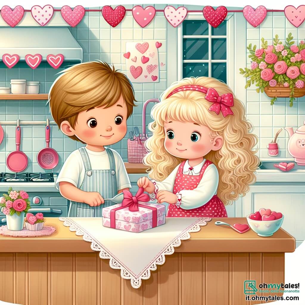 Une illustration destinée aux enfants représentant un petit garçon préparant une surprise pour sa famille le jour de la Saint-Valentin, avec sa sœur, une fillette aux boucles blondes, dans une cuisine lumineuse décorée de cœurs et de fleurs roses.
