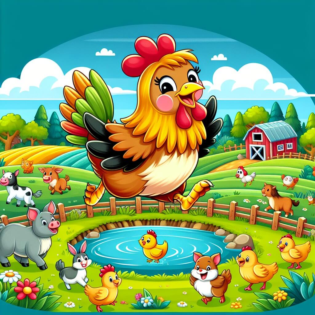 Une illustration destinée aux enfants représentant une poule intrépide qui se lance dans une aventure hilarante avec ses amis animaux dans une ferme colorée, entourée de champs verdoyants et d'un adorable petit étang.