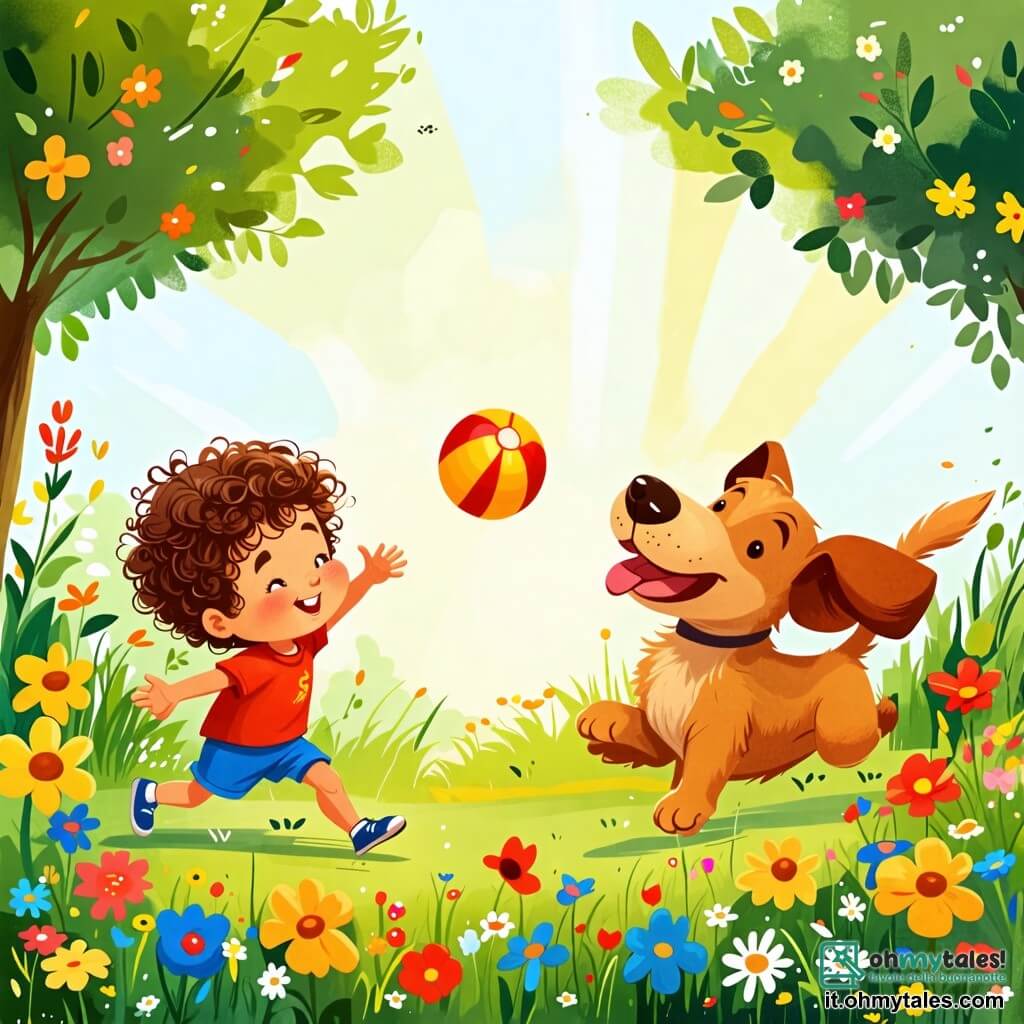 Une illustration sous forme de dessin destinée aux enfants représentant un jardin ensoleillé, rempli de fleurs colorées et d'herbe verte, où un petit garçon de 2 ans aux cheveux bouclés et aux yeux pétillants joue joyeusement en lançant une balle, tandis qu'un chien marron aux grandes oreilles court après la balle avec enthousiasme, illustrant ainsi leur amitié sincère et joyeuse dans un moment de pur bonheur.