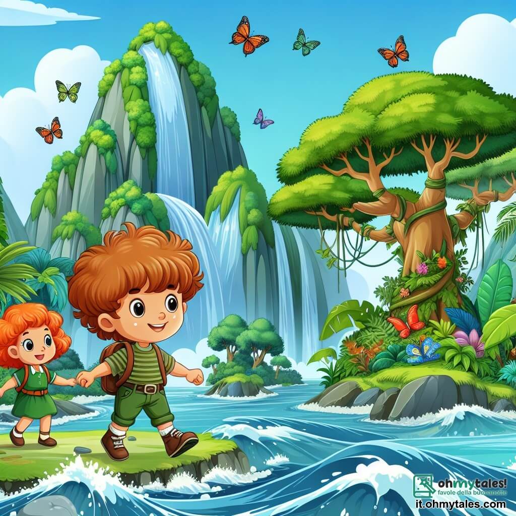 Une illustration destinée aux enfants représentant un petit garçon courageux se tenant au bord d'un grand fleuve tumultueux, accompagné de sa meilleure amie, une fille aux cheveux bouclés, prêts à commencer leur aventure dans la magnifique Giungla de Smeraldo, avec ses arbres immenses et ses farfalle colorate.