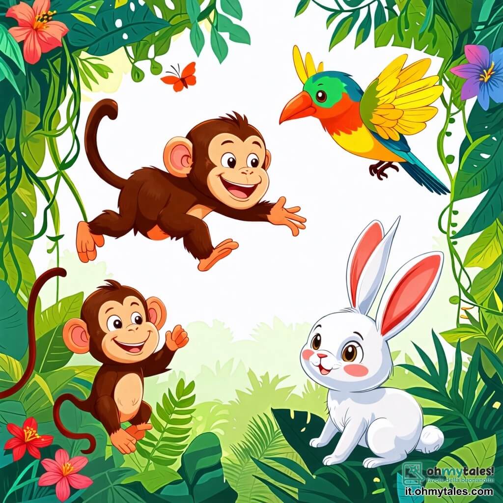 Une illustration sous forme de dessin destinée aux enfants représentant une vibrante jungle tropicale, avec de lianes vertes et des fleurs colorées, où une petite singe au pelage brun et aux grands yeux curieux saute joyeusement d'une branche à l'autre, accompagnée d'un oiseau aux plumes éclatantes qui vole à ses côtés, tandis qu'un coniglietto blanc aux oreilles longues les observe avec un sourire timide, illustrant leur amitié et leur jeu insouciant au cœur de la nature.