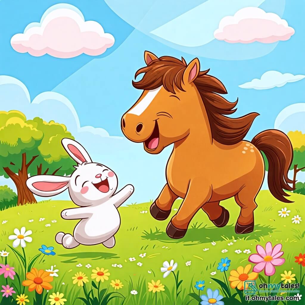 Une illustration sous forme de dessin destinée aux enfants représentant un vaste pré verdoyant sous un ciel bleu éclatant, où un grand cheval au pelage brun et à la crinière ondulante rit joyeusement en se roulant dans l'herbe, tandis qu'un petit coniglio aux oreilles longues et au pelage blanc s'amuse à sauter autour de lui, tous deux plongés dans un moment de bonheur partagé en riant ensemble après avoir décidé de faire une course de rires, entourés de fleurs colorées et d'arbres majestueux.