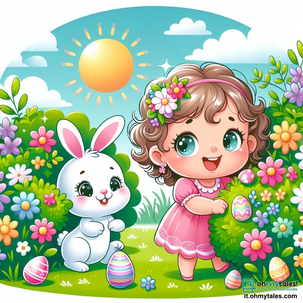 Une illustration sous forme de dessin destinée aux enfants représentant un jardin ensoleillé rempli de fleurs colorées et d'herbe verte, où une petite fille de 1 an aux cheveux bouclés et aux yeux pétillants, vêtue d'une robe rose, explore joyeusement le sol à la recherche d'œufs de Pâques, tandis qu'un adorable petit lapin blanc aux grandes oreilles et au nez rose, souriant et curieux, l'observe en sautillant près d'un buisson, créant une atmosphère magique et joyeuse de fête de Pâques.