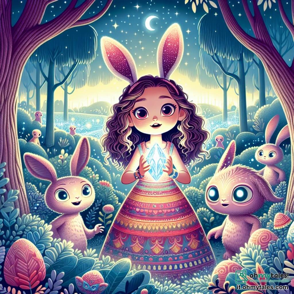 Une illustration sous forme de dessin destinée aux enfants représentant une forêt enchantée sur le planète Zyphor, avec une fille de 11 ans aux cheveux bouclés et brillants, vêtue d'une robe colorée, tenant un cristal lumineux dans ses mains, entourée de créatures extraterrestres ressemblant à des lapins aux grandes oreilles et aux yeux scintillants, qui l'observent avec curiosité alors qu'elle se prépare à sauver leur monde d'une malédiction, le tout baigné dans une lumière douce et magique, avec des arbres aux feuilles scintillantes et un ciel étoilé en arrière-plan.