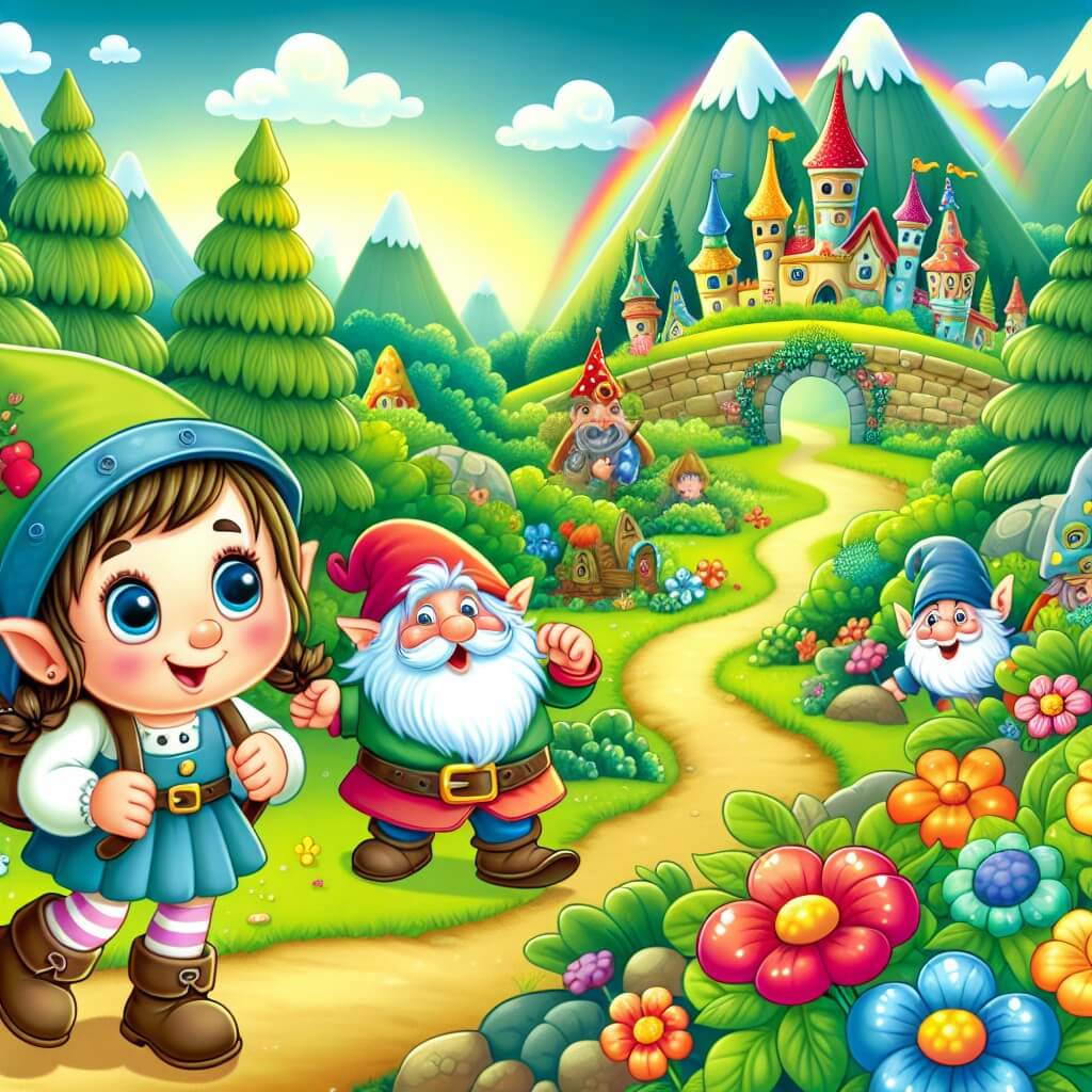 Une illustration destinée aux enfants représentant une jeune fille intrépide et curieuse, se retrouvant dans un monde féerique rempli de créatures magiques, accompagnée d'un joyeux lutin, dans un village enchanteur entouré de forêts verdoyantes et de fleurs multicolores.