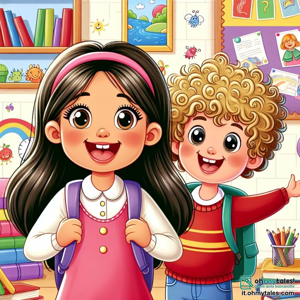 Une illustration destinée aux enfants représentant une jeune fille pleine d'excitation le jour de la rentrée des classes, accompagnée de sa nouvelle amie aux cheveux ricci, dans une école lumineuse et colorée avec des livres et des dessins accrochés aux murs.