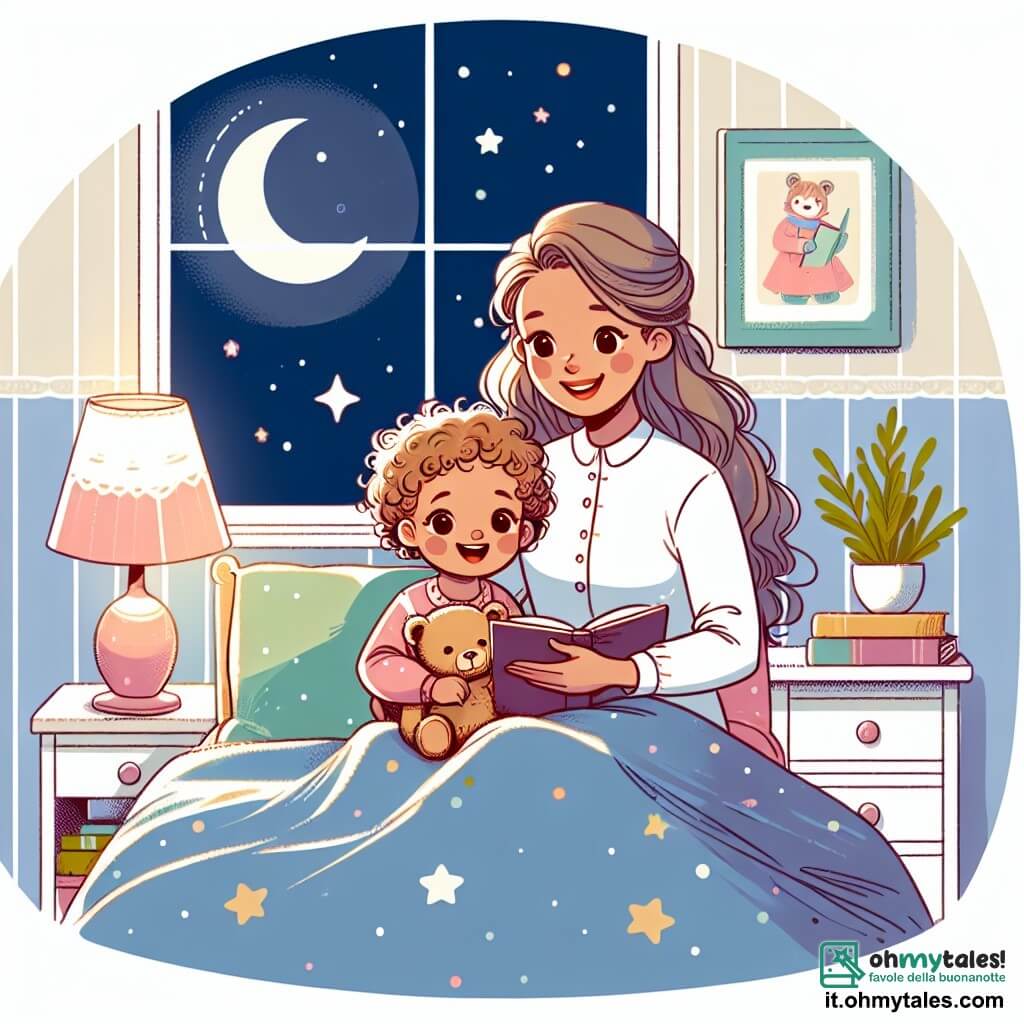Une illustration sous forme de dessin destinée aux enfants représentant une chambre douillette aux murs pastel, éclairée par une douce lumière nocturne, où une petite fille de 1 an aux cheveux bouclés et aux yeux pétillants, serrant son orset Teddy contre elle, est assise sur son lit, tandis que sa maman, une femme souriante aux cheveux longs, lui lit une histoire avec tendresse, créant une atmosphère chaleureuse et rassurante, alors qu'à l'extérieur, la lune brille dans un ciel étoilé, symbolisant la magie du moment et la lutte contre la peur du noir.