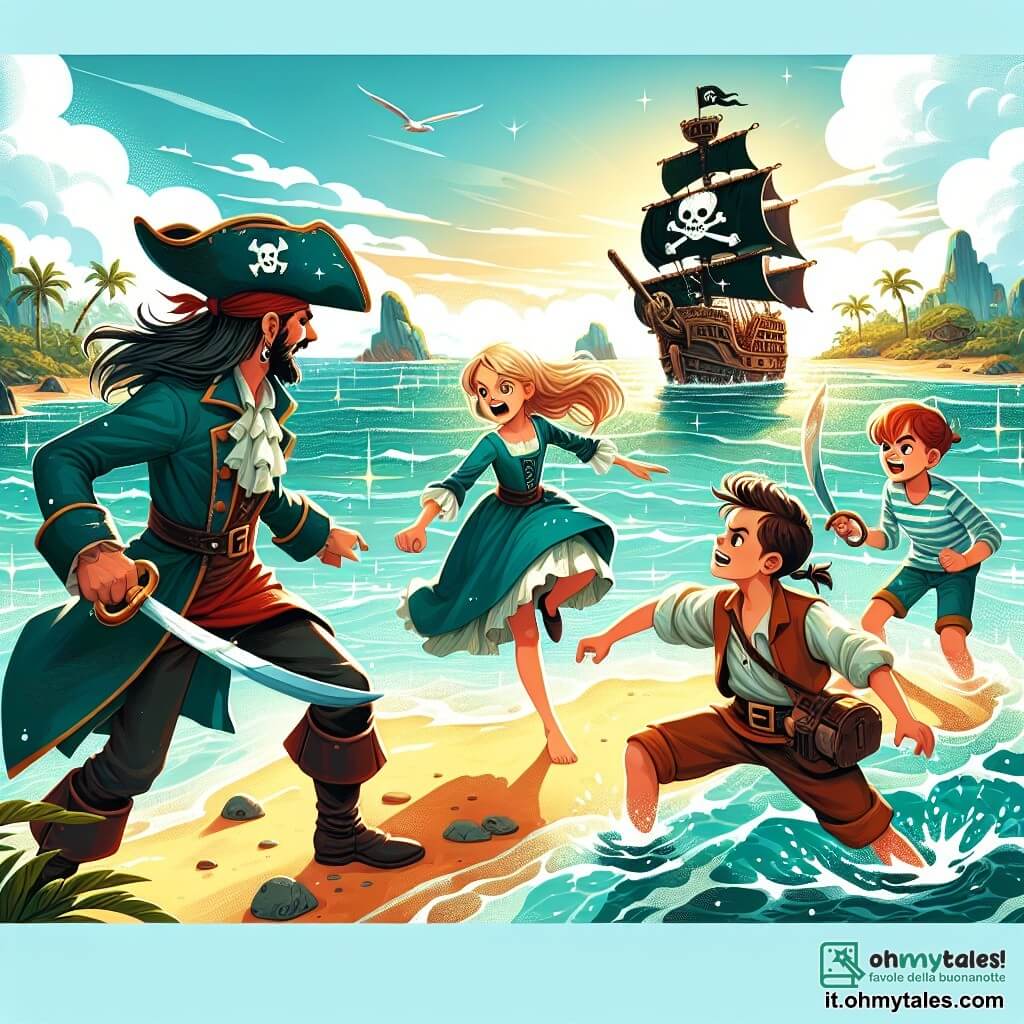 Une illustration destinée aux enfants représentant une femme pirate courageuse affrontant une bataille contre un capitaine pirate maléfique sur une île mystérieuse entourée d'eaux turquoise scintillantes, avec son fidèle équipage de deux garçons et une fille.