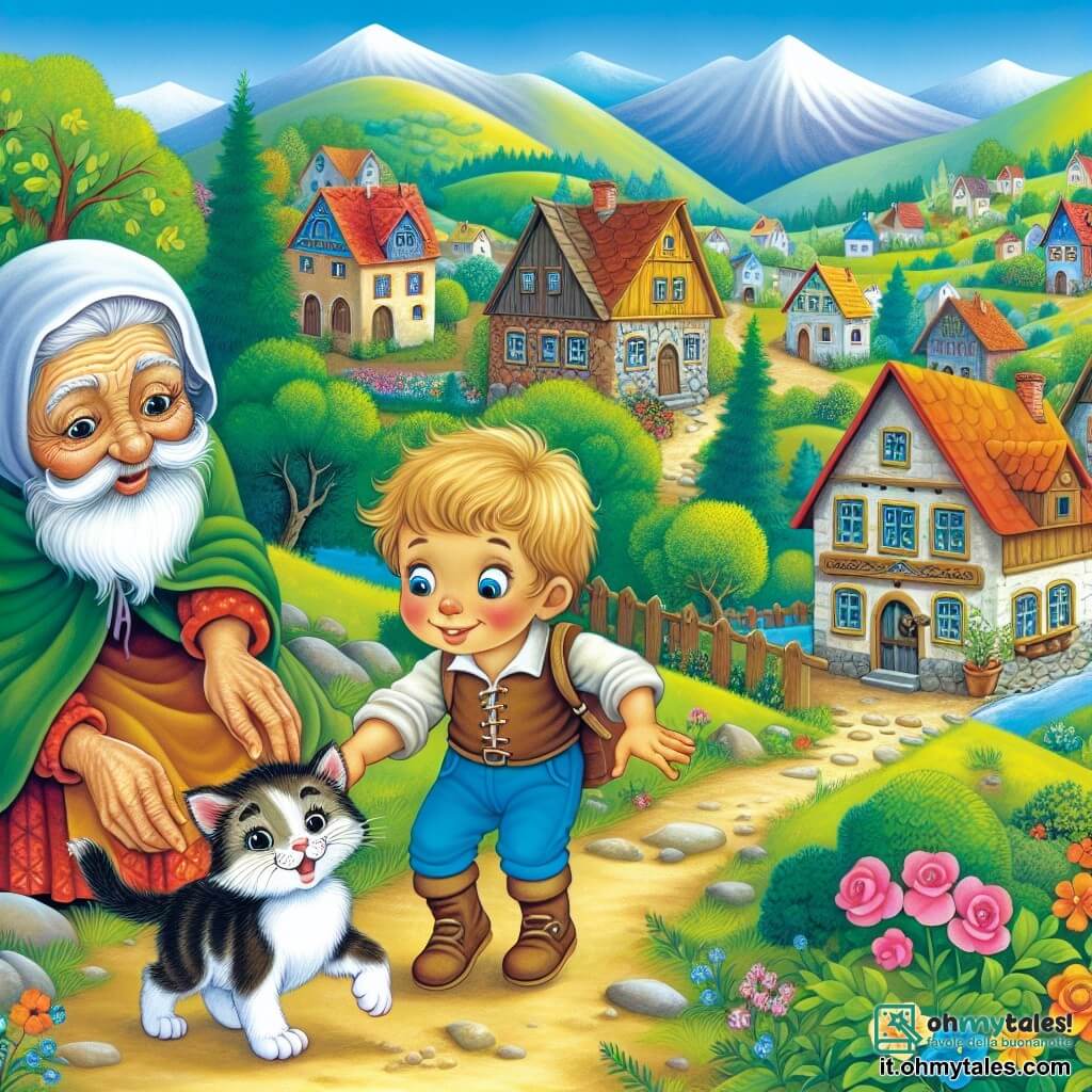 Une illustration destinée aux enfants représentant un petit garçon curieux et vivace, se lançant dans une enquête pour retrouver son gattino disparu, avec l'aide d'un voisin âgé au regard mystérieux, dans un petit village coloré aux pieds des montagnes, rempli de maisons pittoresques et de jardins fleuris.