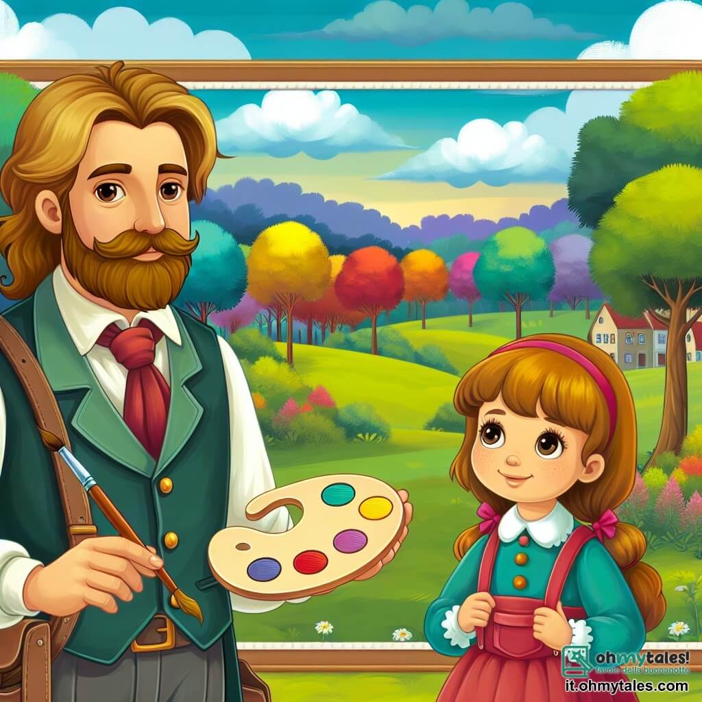 Une illustration destinée aux enfants représentant un artiste peintre homme, accompagné d'une jeune fille curieuse, dans un magnifique parc de la campagne, aux couleurs vives et aux arbres majestueux.