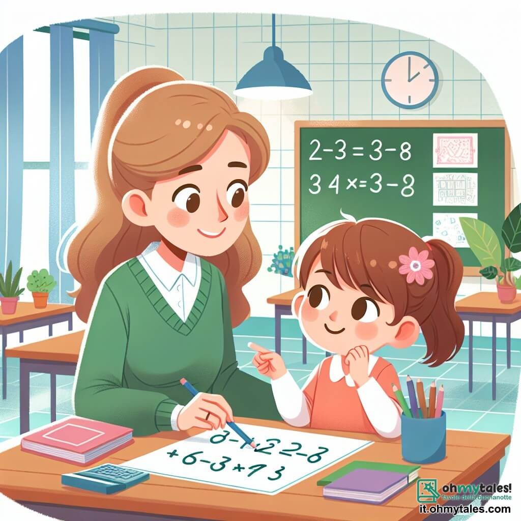 Une illustration destinée aux enfants représentant une institutrice douce et joyeuse, aidant une petite fille curieuse à résoudre un problème de mathématiques, dans une salle de classe lumineuse décorée de dessins colorés et de plantes vertes.