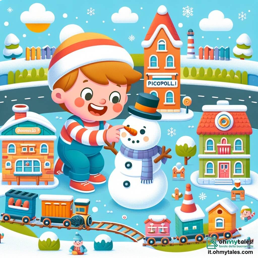 Une illustration destinée aux enfants représentant un petit garçon joyeux construisant un pupazzo di neve con un bambino plus piccolo, entourés de case colorate e di strade innevate à Piccolopoli.