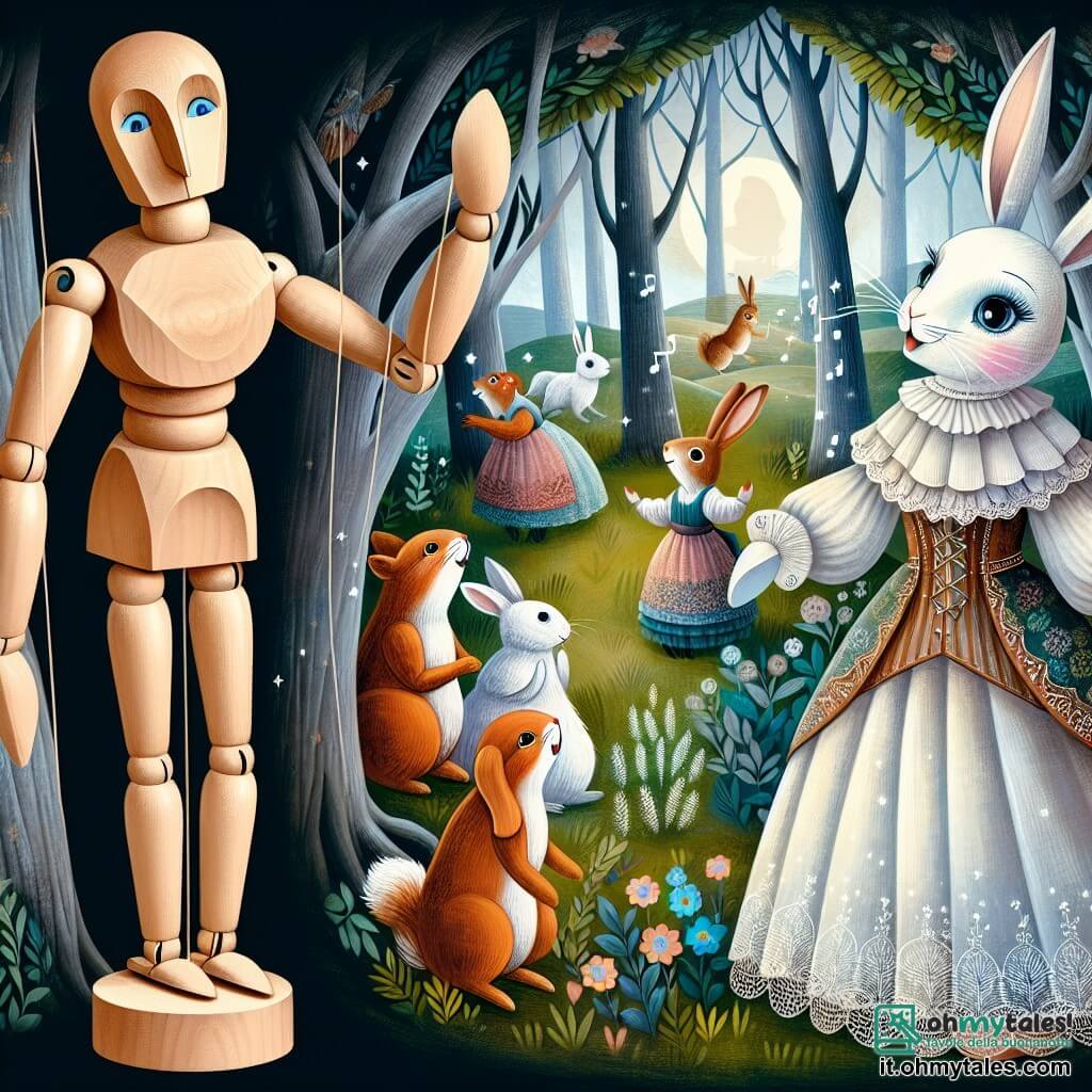 Une illustration destinée aux enfants représentant un burattino en bois, aux yeux brillants d'émerveillement, accompagné d'un coniglio blanc vêtu de costumes élégants, se trouvant dans un bosco incantato aux arbres parlants et aux animaux chantants, dans le royaume des merveilles.